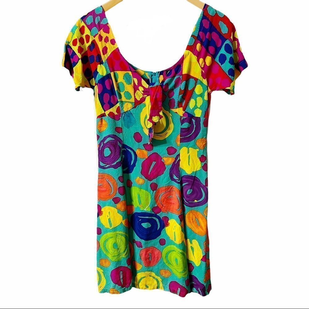 Sz 7 Vintage Colorful Rainbow Tie Front Dress Hawaiian Jams World Crushed Rayon